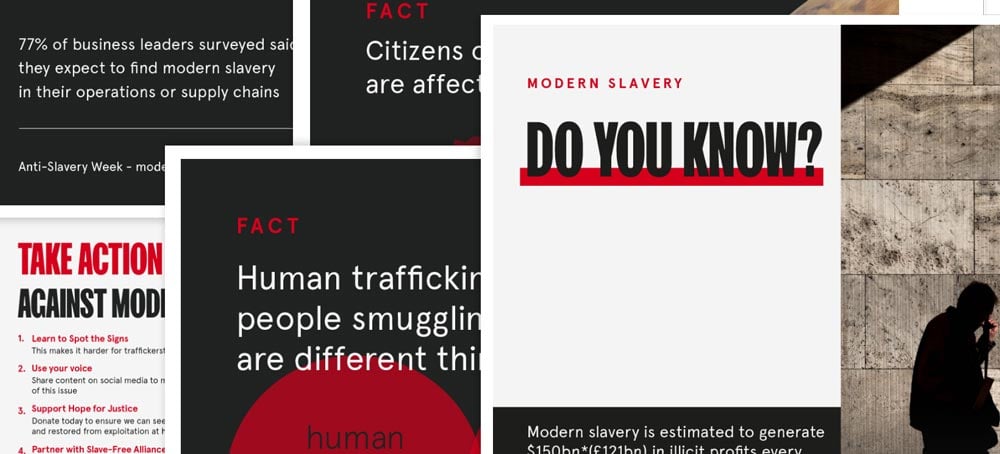 a mix of images including facts about modern slavery