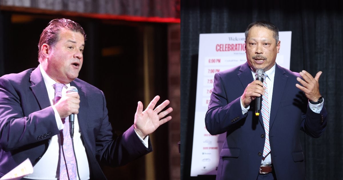 Composite image showing Richard Schoeberl and David Gonzalez at a recent benefit gala in aid of Hope for Justice, the work of which depends on public donations